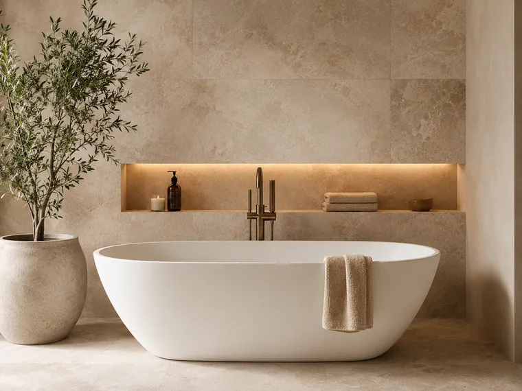 Freestanding white oval bath against a travertine-look wall with a backlit niche.