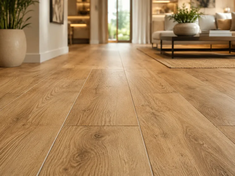 Wide oak-look porcelain plank flooring running through a warm, softly lit living room.