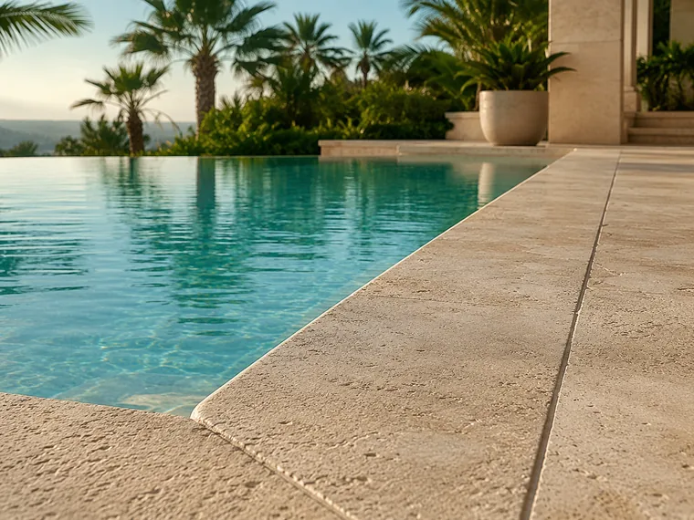 Textured anti-slip stone coping beside a turquoise infinity pool, palms behind.