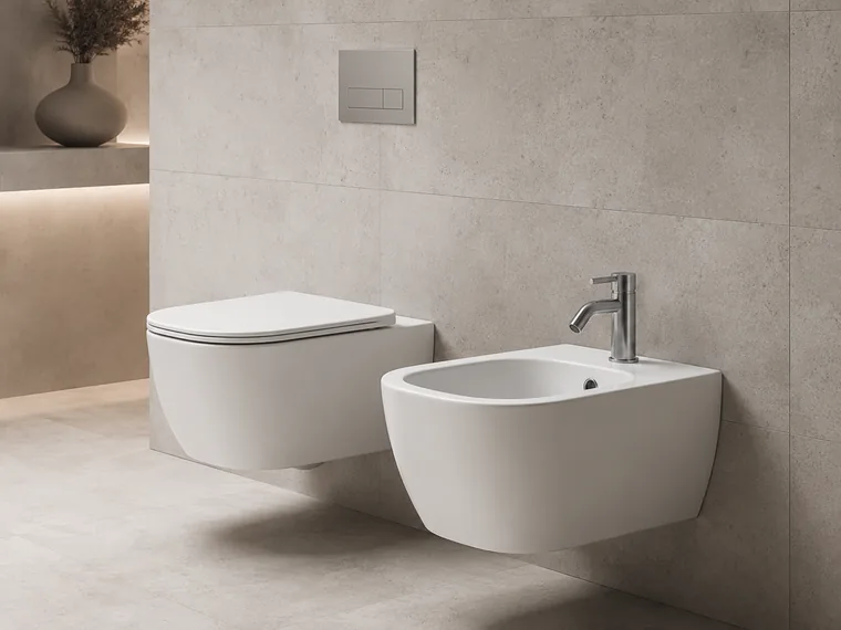 Wall-hung white WC and matching bidet against a pale concrete-look tiled wall.