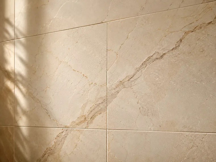 Beige marble-look wall tiles catching low side light, veining clearly visible.