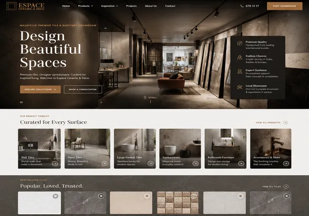 Design direction five: bronze and brown, showroom photo hero, six product families.
