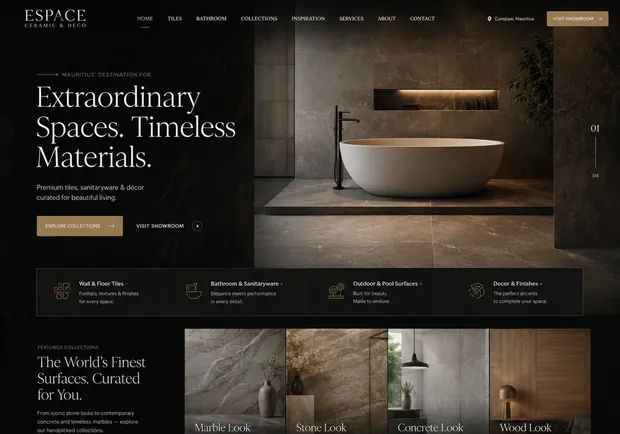 Design direction three: near black with a gold accent and large serif headings.