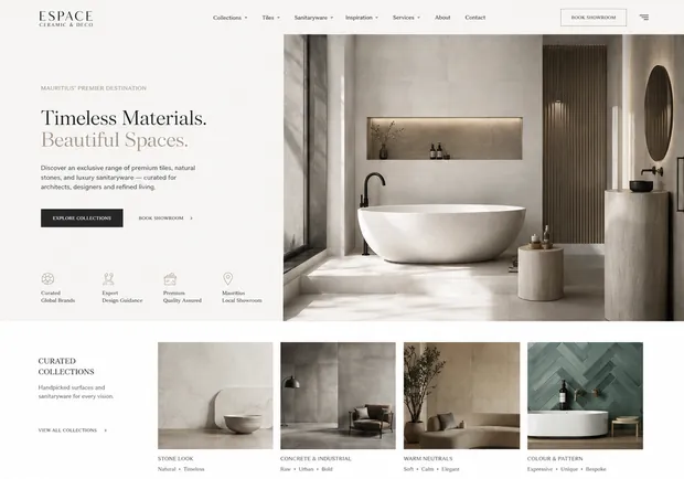 Design direction four: off white, quiet luxury, thin all caps navigation.