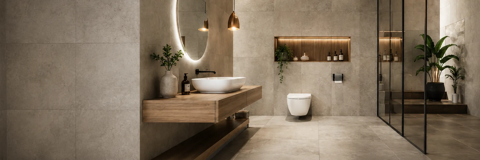 Bathroom finished in large format stone-look tiles, with a floating oak vanity, backlit round mirror, wall-hung WC and a walk-in shower.