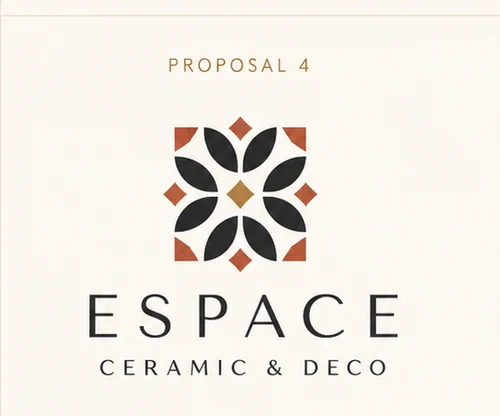 Logo proposal four: a symmetrical floral cement tile motif in black, terracotta and gold.