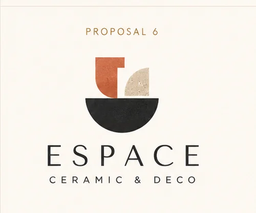 Logo proposal six: abstract terracotta, stone and black shapes arranged as an arch and bowl.