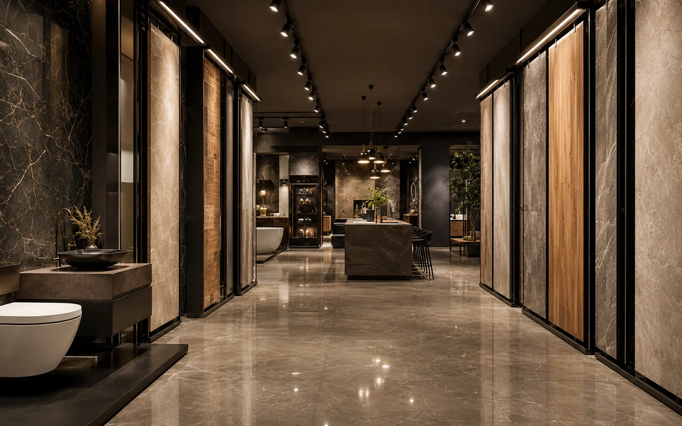 Showroom aisle lined with upright tile display panels in stone, marble and wood finishes under warm track lighting.
